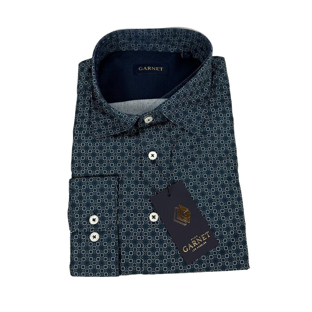 Garnet Mens Geometric Long Sleeve Button Up Shirt Size L Navy
